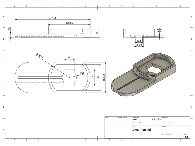 3D-tulostettu yläjyrsimen reikäjigi, Fusion 360 -piirustukset.