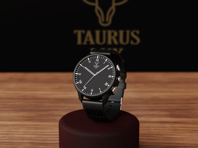 Blenderillä mallinnettu ja renderöity Taurus Lux -urheilukello, teräsrunko ja musta silikoniranneke.