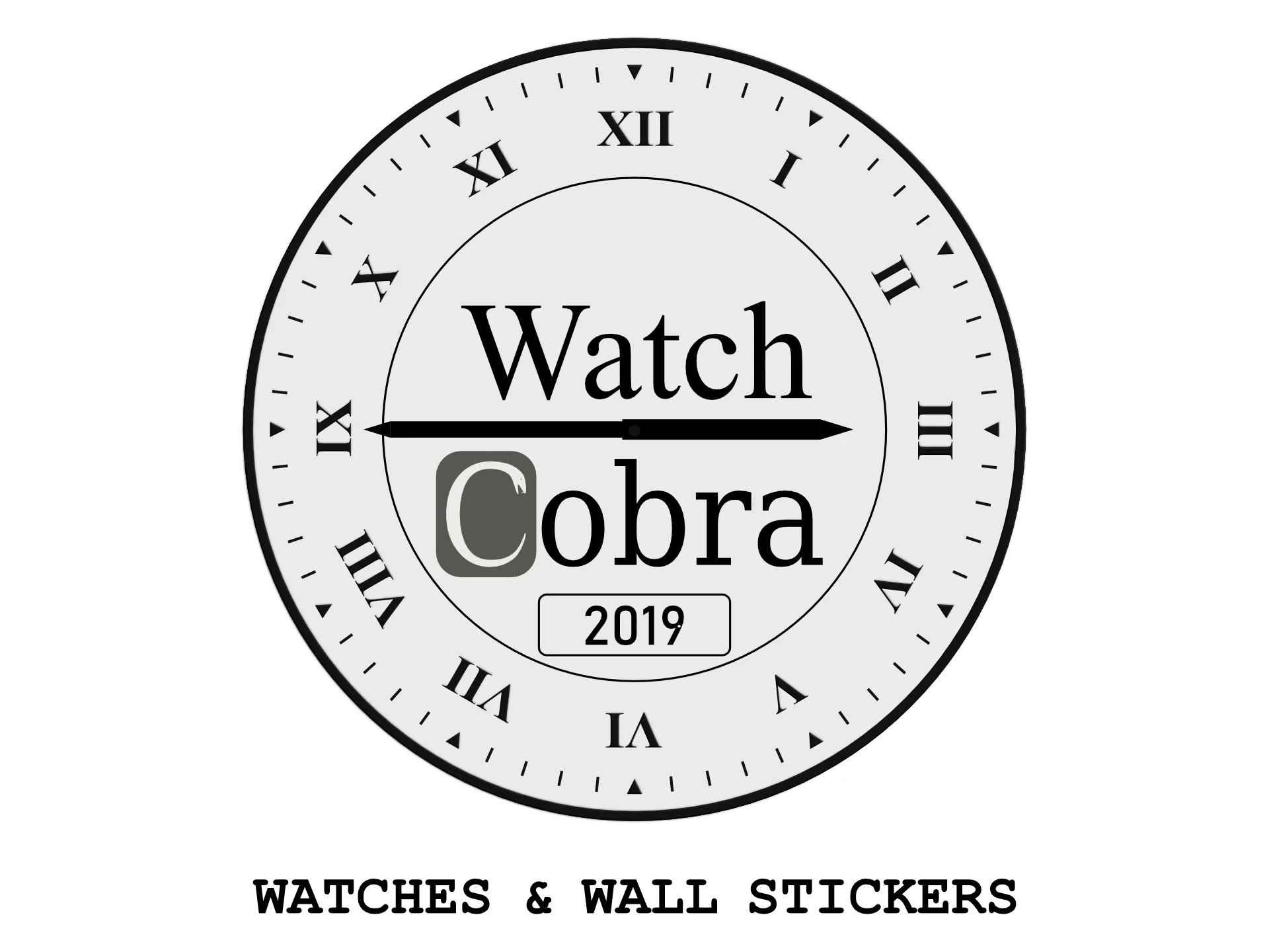 Watch Cobra -logo, Affinity Designerilla tehty kellotaulu roomalaisin numeroin.