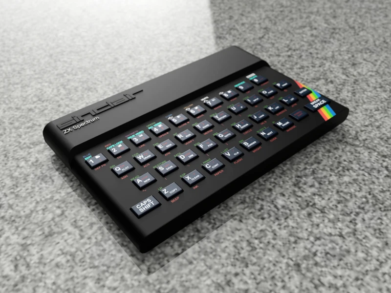 3D-mallinnettu Sinclair ZX Spectrum -tietokone, renderöinti Fusion 360:lla, retro-design ja ikoninen näppäimistö.