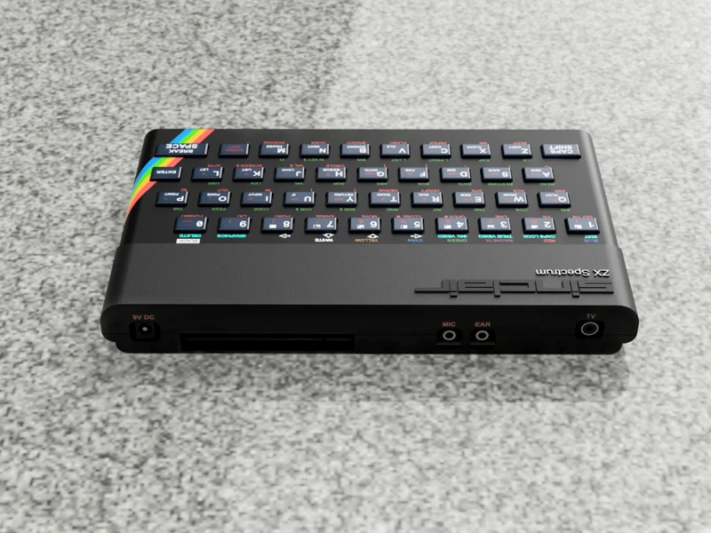 3D-mallinnettu Sinclair ZX Spectrum -tietokone, renderöinti Fusion 360:lla, takaa.