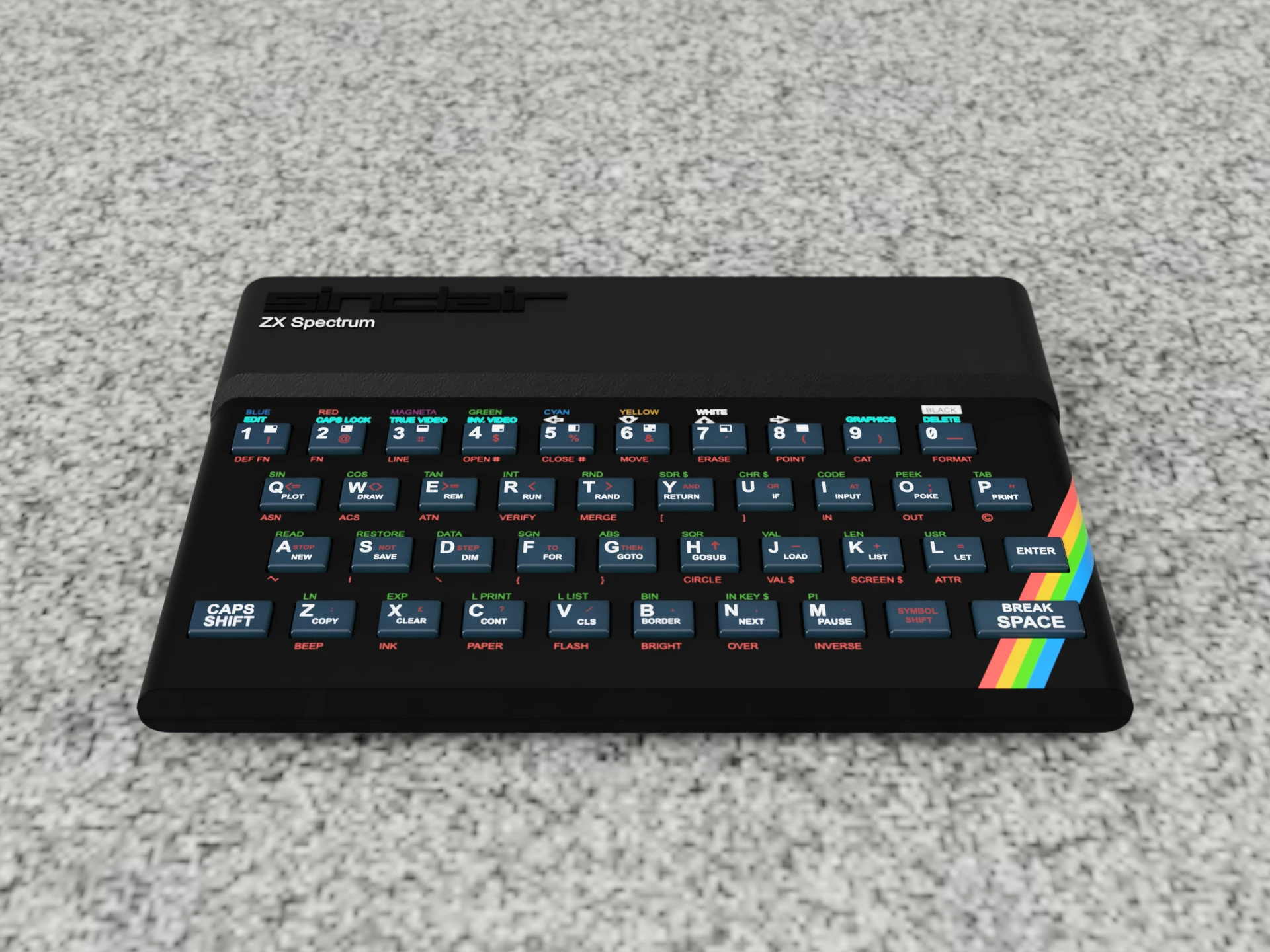 3D-mallinnettu Sinclair ZX Spectrum -tietokone, renderöinti Fusion 360:lla, edestä.