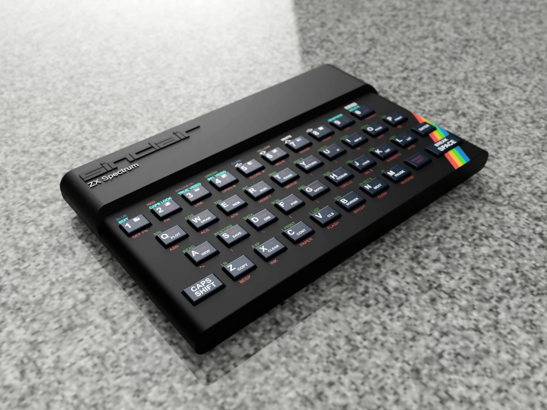 3D-mallinnettu Sinclair ZX Spectrum -tietokone, renderöinti Fusion 360:lla, retro-design ja ikoninen näppäimistö.