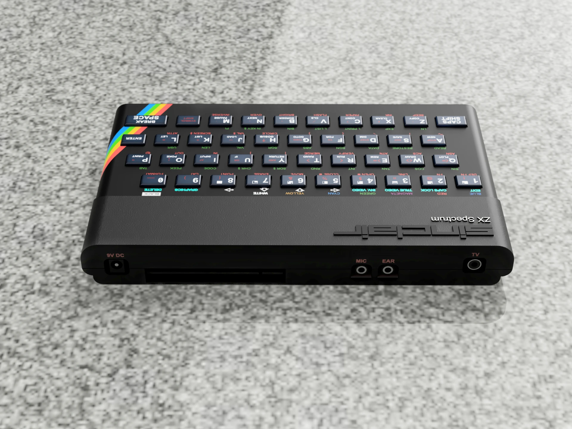 3D-mallinnettu Sinclair ZX Spectrum -tietokone, renderöinti Fusion 360:lla, takaa.
